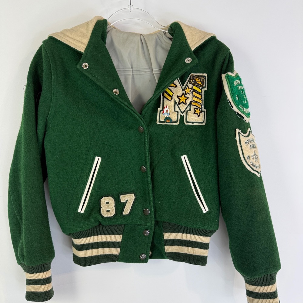 TM Athletics Varsity Jacket Womens 34 Green 1987 Letterman Bulldog Zip Hood